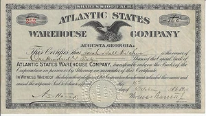 GEORGIA 1913 Atlantic States Warehouse Company Aktienzertifikat Augusta - Bild 1 von 2