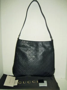 NEW GUCCI Embossed Horsebit Logo Hobo Black Leather Shoulder Bag Handbag Purse - Picture 1 of 12