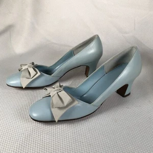 Vintage 60s QualiCraft Pump Heels Light Blue Leather Bow Women's 6 1/2 - Picture 1 of 15