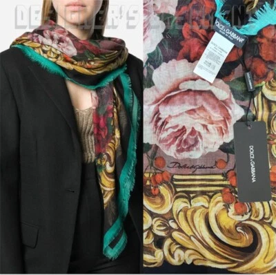 DOLCE & GABBANA cashmere & silk BAROQUE ROSES 54"x54" square fringed Shawl NWT - Image 1 of 4