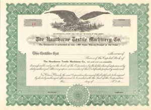 The Hawthorne Textile Machinery Company Nueva Jersey certificado de acciones acción - Imagen 1 de 1