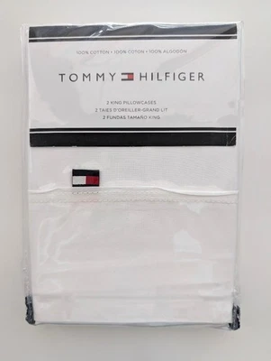 Par de Fronhas Tommy Hilfiger Signature King, Conjunto de 2 Brancas 100% Algodão Novo com etiquetas - Imagem 1 de 4