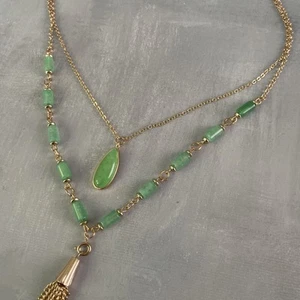 Vintage Double Fantasy Halskette vergoldet & kleiner grüner Cabochon und grüne Steine - Bild 1 von 8