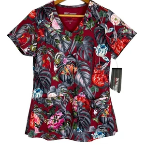 Grey’s Anatomy Scrub Top Women's XS Palm Garden Floral 4-Pocket Stretch V-Neck - Picture 1 of 12