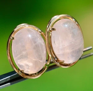 MASSIVE GELBGOLD 0,8" 7,55 GRAMM ROSENQUARZ CLIP-ON OMEGA RÜCKEN VINTAGE OHRRINGE - Bild 1 von 8