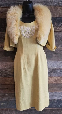 Vestido Vintage Amarillo Lino Circa 1960 con Abrigo Foxy Dama - Talla 0/2 Foto 1 de 4