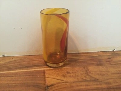 Pier 1 amber  Red yellow SWIRL STUDIO ART GLASS HandBlown Drinking HIGH BALL - Image 1 of 4