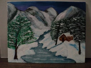 11x14 Acrylic Painting Winter Cabin Scene By Local Amateur Artist - Picture 1 of 2