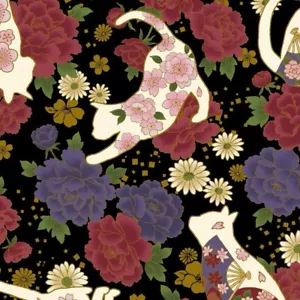 Fat Quarter Quilt Gate Hyakka Japanese Metallic Cat Floral 100% Cotton Fabric - Picture 1 of 4