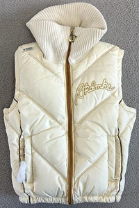 Y2K Akademiks Puffer Vest Womens Medium Cream Gold Mock Neck 90s Streetwear - Picture 1 of 24