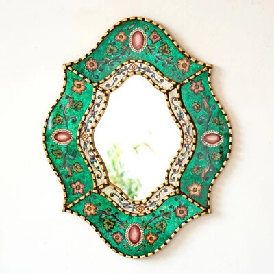 Accent wall Oval Mirror with bronze leaf frame, Peru Handpainted Glass Mirrors - Image 1 of 4