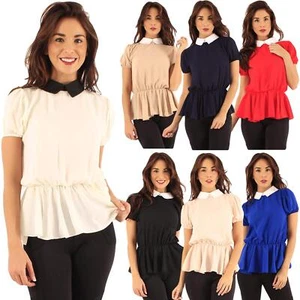 Mujeres Vestidos Manga Corta Cuello Peter Pan Peplum Damas Mini Vestido Blusa Prenda para el torso - Imagen 1 de 33