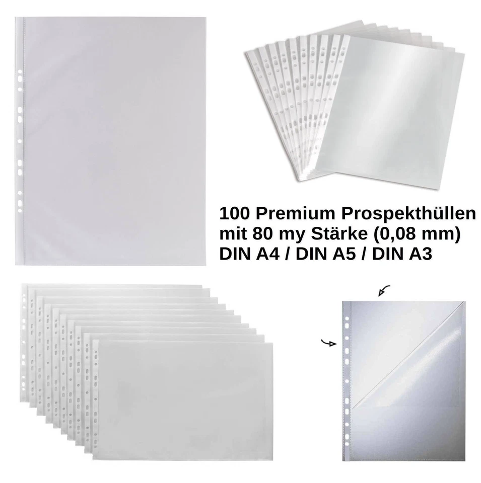 100 Prospekthüllen 80 my 0,08 mm DIN A4 A5 A3 Klarsichthüllen genarbt / glasklar - Bild 1 von 1