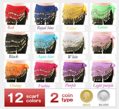 Mujer Danza del Vientre Falda de Cadera Bufanda Envolvente Cinturón Bufanda para Cadera con Monedas de Oro/Plata EE. UU. Foto 1 de 4