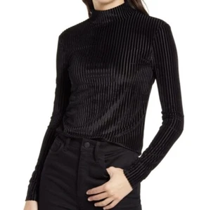 CHELSEA28 Black Velour Stripe Velvet Mock Neck Long Sleeve Top Sz. S NWOT - Picture 1 of 8