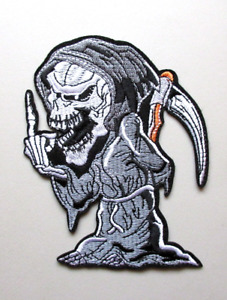 GRIM REAPER SKELETON SKULL GIVING THE MIDDLE FINGER EMBROIDERED IRON ON PATCH