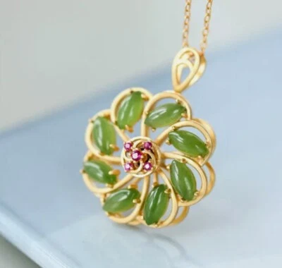 K23 Fiore Di Verde Giada Rimorchio 925 Argento Sterling Placcato Oro - Immagine 1 di 3