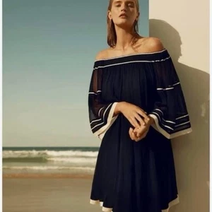 Witchery Dress Size 10 Navy Off Shoulder Sheer Viscose Gathered Yoryu - Picture 1 of 10