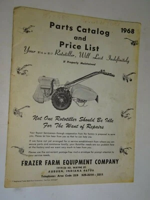 Frazer Farm Rototiller 1968 catálogo de piezas y lista de precios Auburn, Indiana Foto 1 de 4