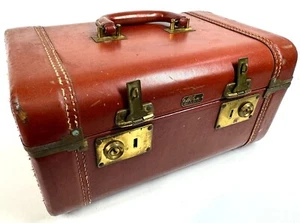 Vintage HORN Brown Leather 1960s MCM Hard Side Make-Up Overnight Case 14" Retro - Picture 1 of 14