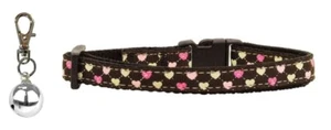 Collar de gato de cinta de nylon Brown Argyle Hearts con campana plateada para mascotas - Imagen 1 de 3