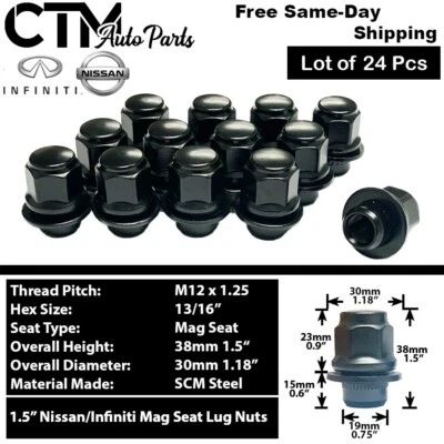 24x Black Nissan Infiniti 12x1.25 OEM Factory Style Mag Type Replacement Lug Nut - Image 1 of 4