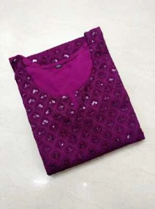 Indian Ethnic Stitched Women Kurta Wine Chikan Embroidered Tunic Casual Top - Imagen 1 de 3