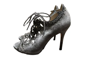 Pour La Victorie Vara Gray Suede Leather Peep Toe Lace Up High Heels Size W-5.5M - Picture 1 of 10