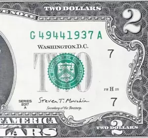 G 4944 1937 A : TRAILING YEAR 1937 $2 Two Dollar Bill Serial Number - Picture 1 of 3