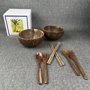2 x Set of 2 Coconut Bowls, Spoons, and Chopsticks 100% Natural (Total 4 bowls) - Picture 1 of 7