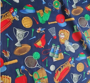 Cranston Cotton Fabric SPORTS Equipment Blue Golf Tennis Fishing 44"W x 1¾ Yards - Picture 1 of 7