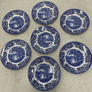 7 Vintage Churchill Englische Szene Blau Brot & Butter Teller 6,5" Schloss Angeln - Bild 1 von 17