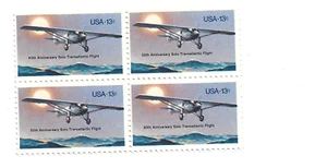 NH 50th ANNIVERSARY SOLO TRANSATLANTIC FLIGHT-4 X 13 CENT BLOCK OF STAMPS - Picture 1 of 1
