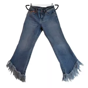 INC Rainbow Pocket Fringe Hem Cropped Jeans Denim Blue Flare Leg Size 6 - Picture 1 of 10