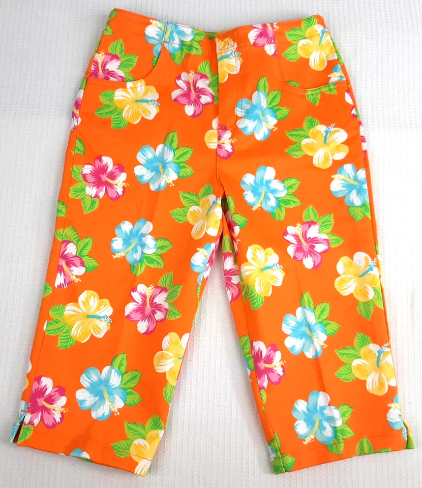 Y2K christie brooks Kids Girls Sz 10 Capri Pants Tropical Hawaiian Floral Orange - Image 1 of 4