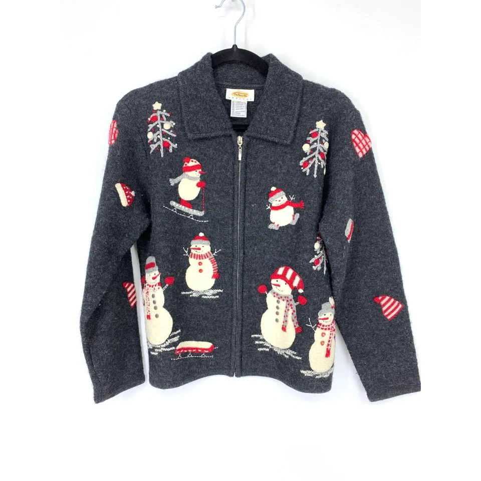Cárdigan suéter gris lana Talbots para mujer talla PS con cremallera vacaciones muñeco de nieve Foto 1 de 4