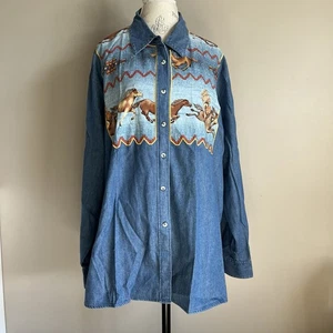 Y2K The Quacker Factory Long Sleeve Denim Shirt 3X Horses Southwestern Rodeo NEW - Picture 1 of 11