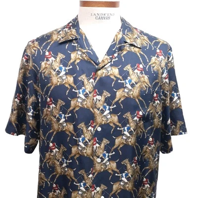 复古 Polo Ralph Lauren 真丝 Polo 球员印花衬衫 大号 美国制造 马术 S/S — 第 1/4 张图片