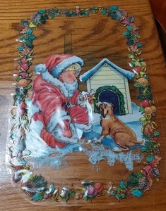 Weihnachten Fensterklammer 1 große Klammer auf Kind verkleidet als Weihnachtsmann mit Hund - Bild 1 von 2