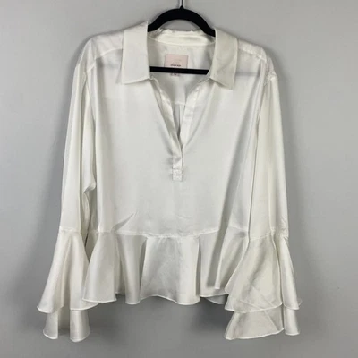Blusa Top Cinq a Sept Kirin Blanca Satén Volantes Manga Campana Cuello Talla XL Foto 1 de 4
