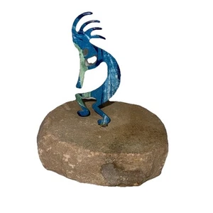Lazart Blue Enameled Metal Kokopelli Flute Figurine Sandstone Statue Paperweight - Picture 1 of 6