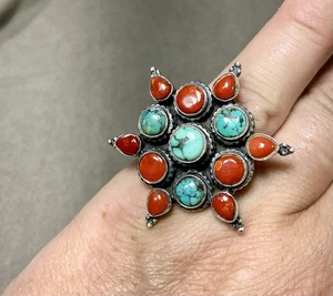 Vintage Handarbeit Indianer 925 Sterling Silber Türkis & roter Jaspis Ring - Bild 1 von 10