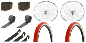 26" Fahrrad Chrom 144 Speichen Vorder- & Hinterrad & zwei rot/weiße Reifen, Schlauch - Bild 1 von 1