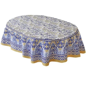 Oval Fabric Tablecloth, 60 x 102 Inch, Allure Yellow and Blue Floral Bordered... - Picture 1 of 8