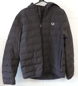 Fred Perry Puffer Jacket Mens Medium M Dark Grey Quilted Full Zip Hooded - Picture 1 of 13