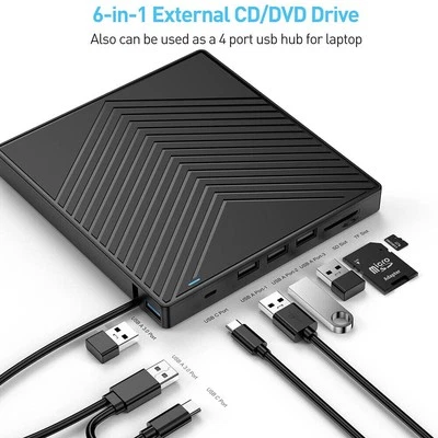 External CD DVD Drive USB 3.0 for PC Laptop Windows 11 10 Burner Reader Writer - Image 1 of 4