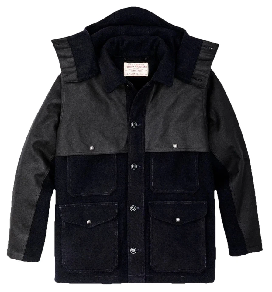 Filson Mackinaw Wool Double Coat - XS & S - 20263381 Dark Navy Waxed Tin Cloth - Image 1 of 4