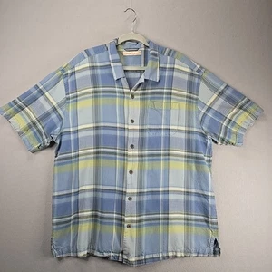 Tommy Bahama Men Silk Camp Shirt Sz XXL Blue Green Plaid Textured Tropical Beach - Picture 1 of 10