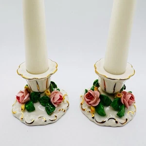 Vintage Dresdner Kerzenständer rosa rose 2er Set mit Kerzen wunderschön! - Bild 1 von 7