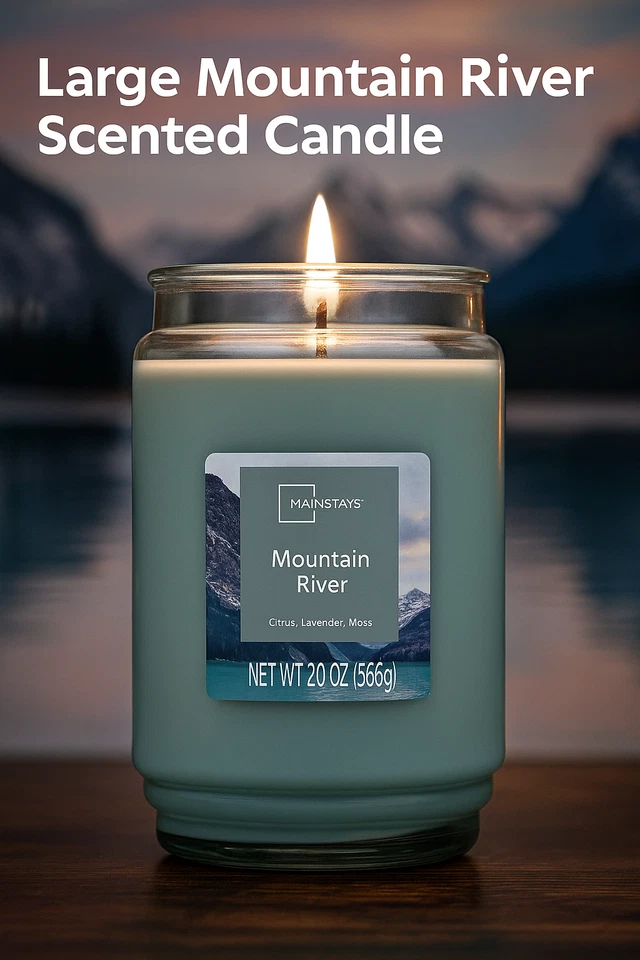 Vela de tarro de vidrio grande de mecha única perfumada Mainstays, aroma Mountain River de 20 oz Foto 1 de 1